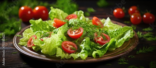 A refreshing salad made of leafy lettuce, ripe plum tomatoes, and assorted vegetables served on a plate. A nutritious dish full of natural foods and plantbased ingredients