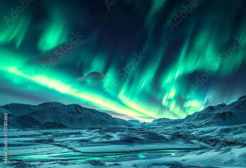 Aurora borealis above snowy mountain and frozen river with bright stars on the sky