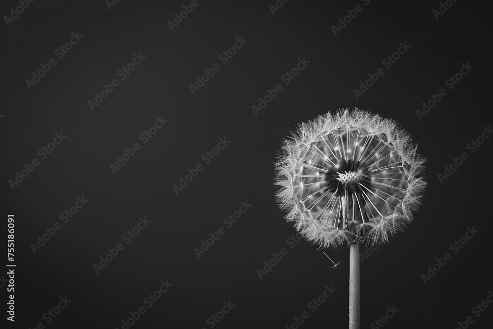 Fototapeta premium Condolence card black and white color photo, dandelion, black background. Copy Space. Generative AI