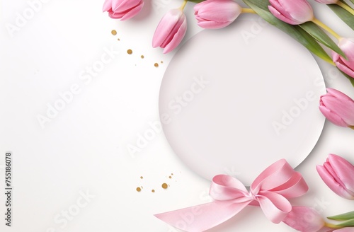 The composition of the background is pink tulips and wrapped gifts on white table