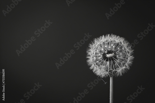 Condolence card black and white color photo  dandelion  black background. Copy Space. Generative AI
