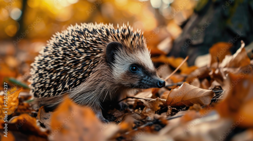 Brown hedgehog is walking through pile of leaves Brown hedgehog is walking through pile of leaves
