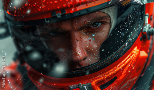 Portrait of racer in red helmet on black background. photo