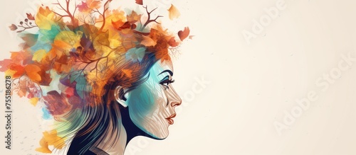 An art piece capturing a woman with leaves in her hair, conveying a sense of nature and elegance. The gesture of her eyelashes adds to the fictional character vibe with a touch of fashion accessory © 2rogan