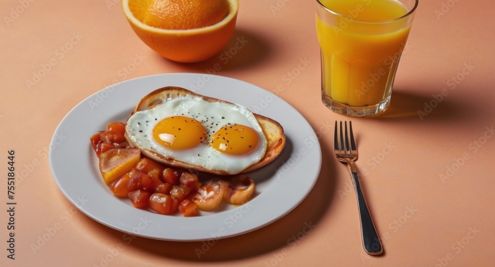English breakfast menu served on white plate on bright color background and orange juice top view with copy space area English breakfast menu served on white plate on bright color background and orange juice top view with copy space area