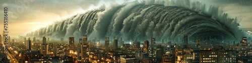 Enormous wave towering over city during golden hour, symbolizing dramatic confrontations between urban life and environmental forces photo