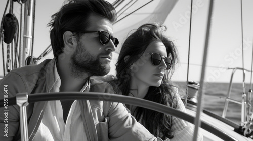 Man and woman are on boat, with man wearing sunglasses