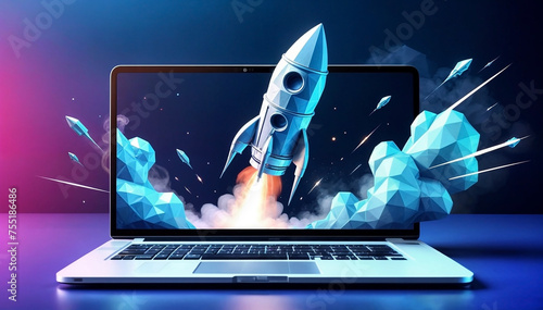 A laptop with a rocket launching out of the screen, representing gaming, website ,speed, sucessful. photo