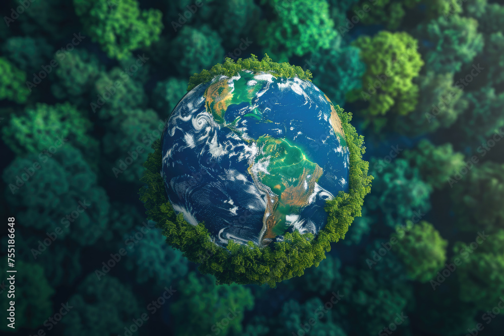 Green planet with trees surrounding it