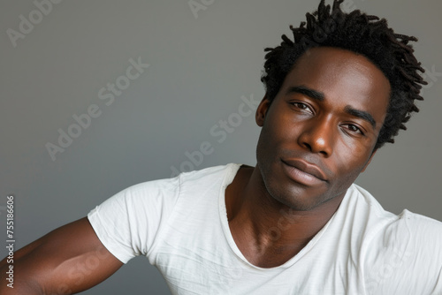 Man with dreadlocks is wearing white shirt and looking at camera