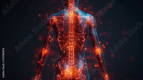 Electric blue human anatomy image shows skeleton and joints