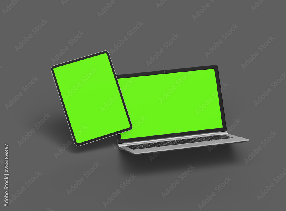 3d render of laptop and tablet with green screen on a dark background 3d render of laptop and tablet with green screen on a dark background