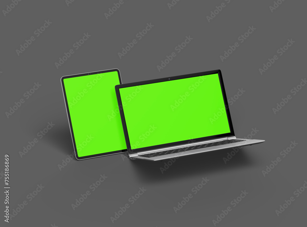 3d render of laptop and tablet with green screen on a dark background 3d render of laptop and tablet with green screen on a dark background