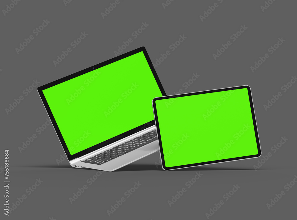 3d render of laptop and tablet with green screen on a dark background 3d render of laptop and tablet with green screen on a dark background