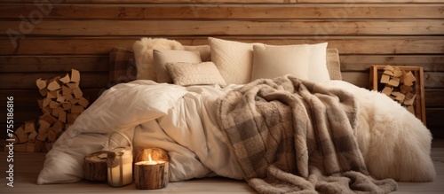 A warm and inviting bed covered in fluffy blankets and pillows, with a flickering candle glowing beside it in a wooden house.