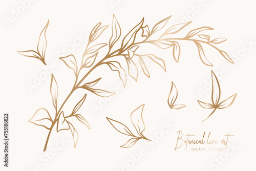 Botanical elegant gold line art illustration of flower leaves branch for wedding invitation and cards, logo design, web, social media and poster, template, advertisement, beauty and cosmetic industry.