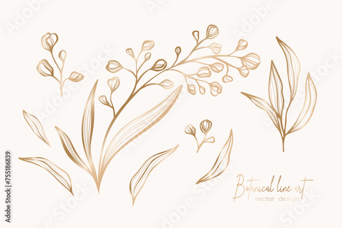 Botanical elegant gold line art illustration of flower leaves branch for wedding invitation and cards, logo design, web, social media and poster, template, advertisement, beauty and cosmetic industry.