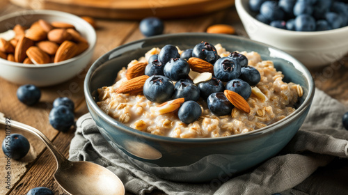 Bowl of oatmeal with blueberries and almonds on top