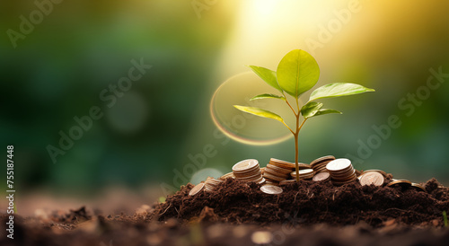 Konzept Kapitalwachstum, Pflanzen sprießen aus Geldmünzen, Zuwachs des Vermögens, Rendite