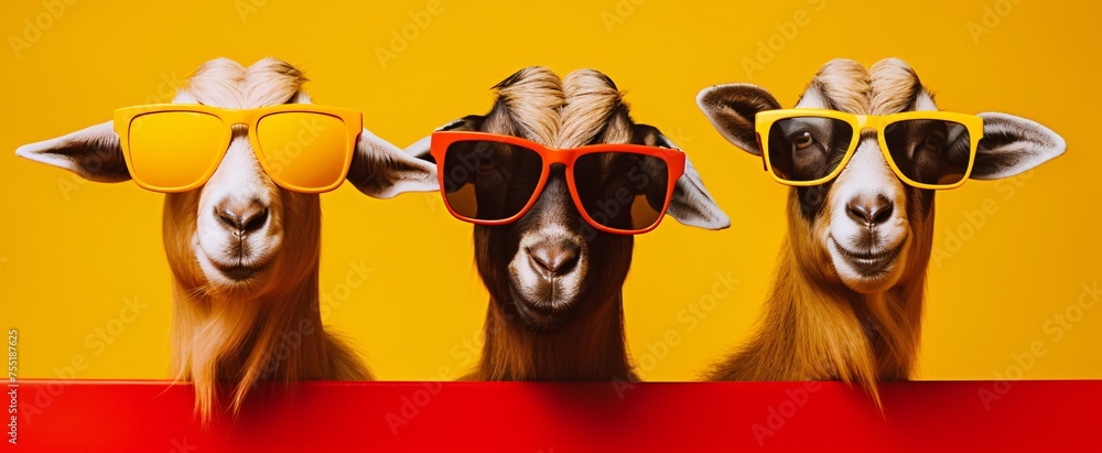 three goats with sunglasses on yellow background
