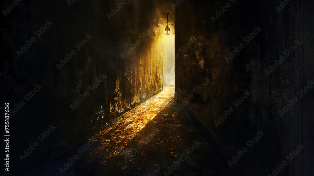 Golden Sunlight Pouring into a Narrow Corridor, Inviting Exploration and Discovery Golden Sunlight Pouring into a Narrow Corridor, Inviting Exploration and Discovery