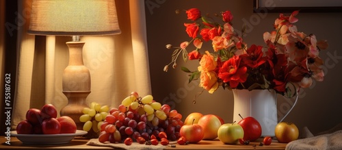 A table is elegantly decorated with a vase filled with vibrant roses and a variety of fruits like apples, bananas, and grapes. A cozy table lamp adds a warm glow to the scene.