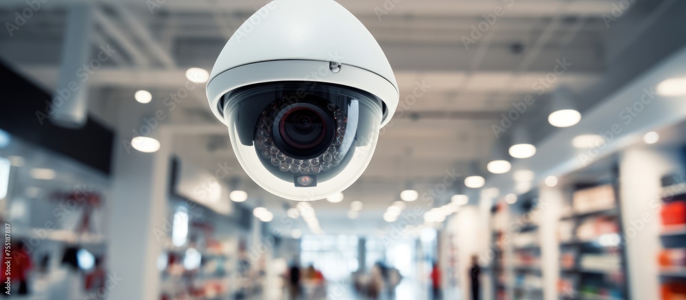 A security camera is positioned on the ceiling of a store, monitoring the area for security purposes. The camera is in focus against a blurred background of the store interior. - obrazy, fototapety, plakaty 