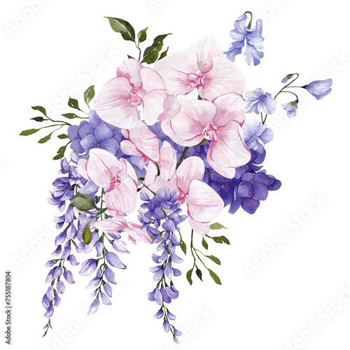 Bouquet with watercolor hand draw flowers, leaves, branches and bow. Purple floral arrangements, isolated on transparent background. PNG files photo