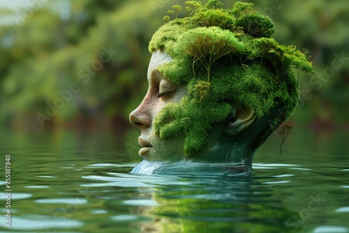 Um rosto fazendo a ilusão de ser uma ilha no mar. Uma metáfora sobre a importancia do ser humano na preservação ambiental © Dudarte