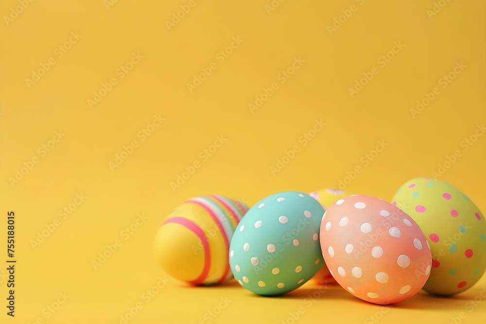 Multicolored eggs in a pile with a bright yellow background and place for text.