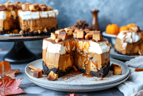 Slice of pumpkin cheesecake with brown topping