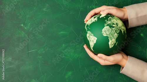 Dia da Terra: Uma mão segurando o planeta Terra. Uso: conscientização ambiental, proteção do meio ambiente, celebração da natureza, sustentabilidade photo