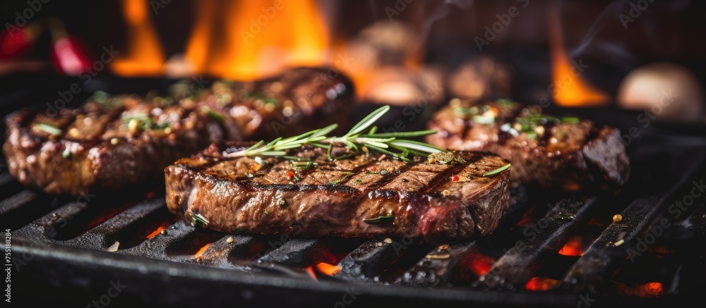 Two steaks sizzle on the grill with flames in the background, creating a delicious meal. Enjoy the art of grilling and roasting with this dish