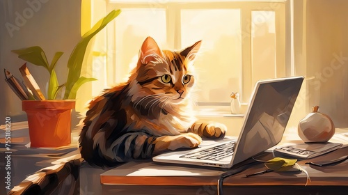 Cat at wooden desk with laptop in sunset-lit room. workplace. Focused on screen with paws on keyboard.