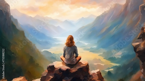 Man sitting on the edge of a cliff and meditation contemplation. Dawn over mountains, lone person, peaceful nature river forest morning journey art painting illustration