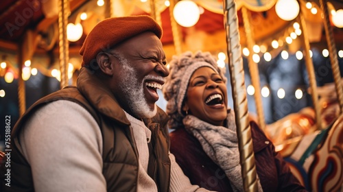 two seniors laugh on a carousel in the park