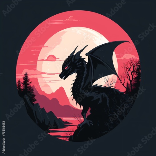 Vector flat color illustration of an elegant black dragon with red circle background
