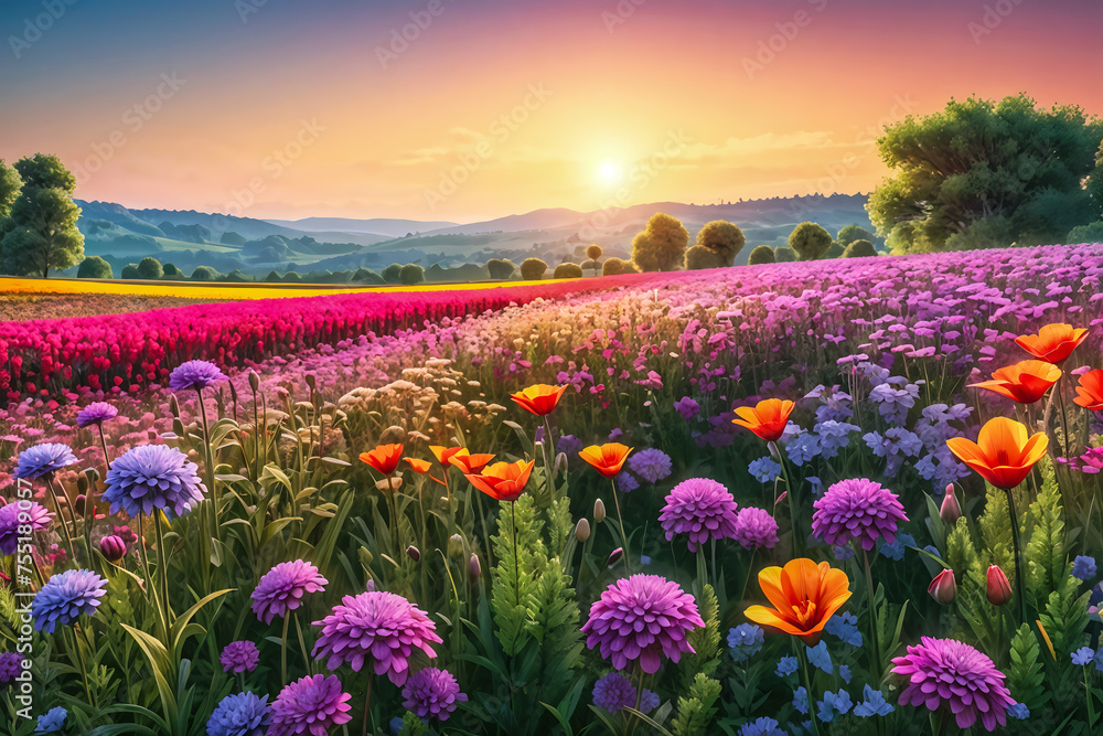 Sunset view over a field of beautiful wildflowers. Generative ai