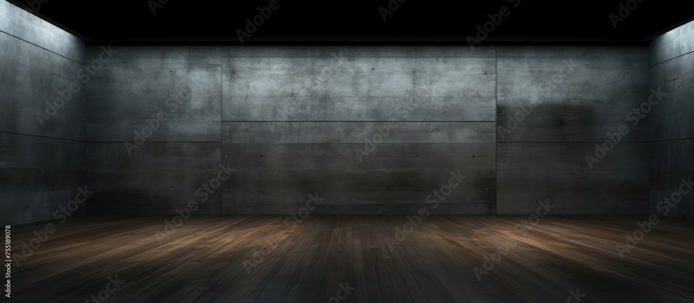 A dark, abstract room with a smooth wooden floor and concrete walls. The empty space creates a minimalist and industrial atmosphere, highlighting the contrast between the warm wood and cold concrete. A dark, abstract room with a smooth wooden floor and concrete walls. The empty space creates a minimalist and industrial atmosphere, highlighting the contrast between the warm wood and cold concrete.
