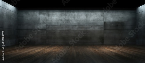 A dark, abstract room with a smooth wooden floor and concrete walls. The empty space creates a minimalist and industrial atmosphere, highlighting the contrast between the warm wood and cold concrete.