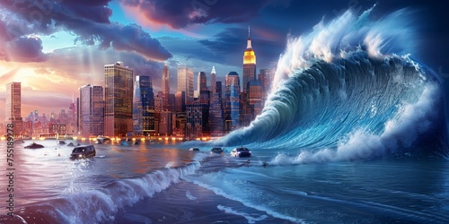 Expansive City Skyline with Colossal Tsunami Wave Crashing in at Twilight with Vivid Skies