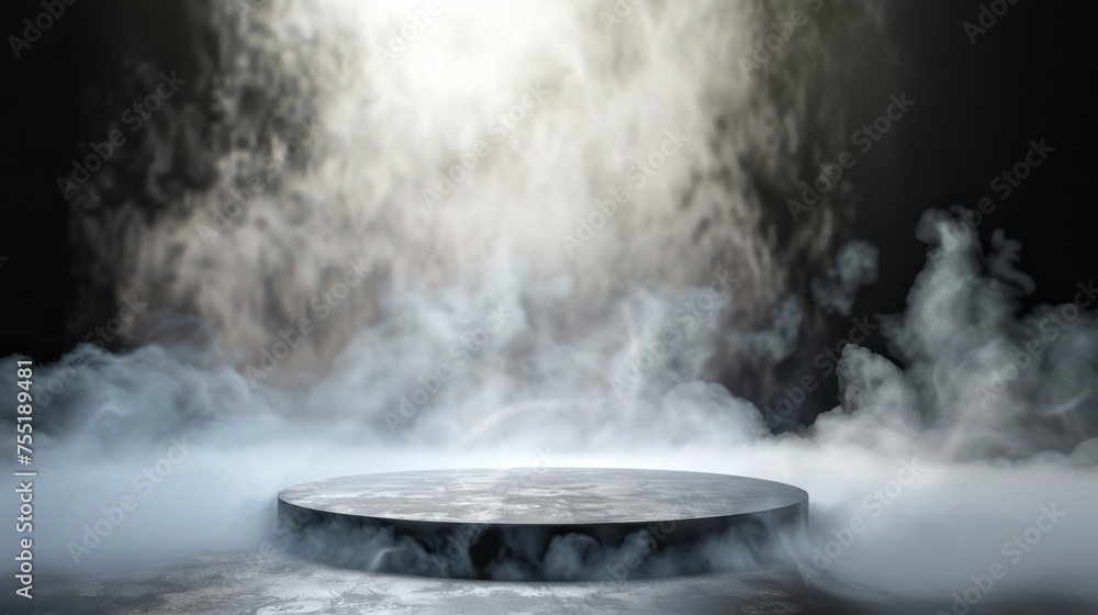 Sports arena podium with dynamic athletic smoke background, ideal for sportswear or fitness equipment displays. Sports arena podium with dynamic athletic smoke background, ideal for sportswear or fitness equipment displays.