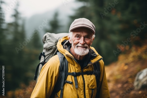Adventurous Senior man hiking. Male healthy travel. Generate Ai