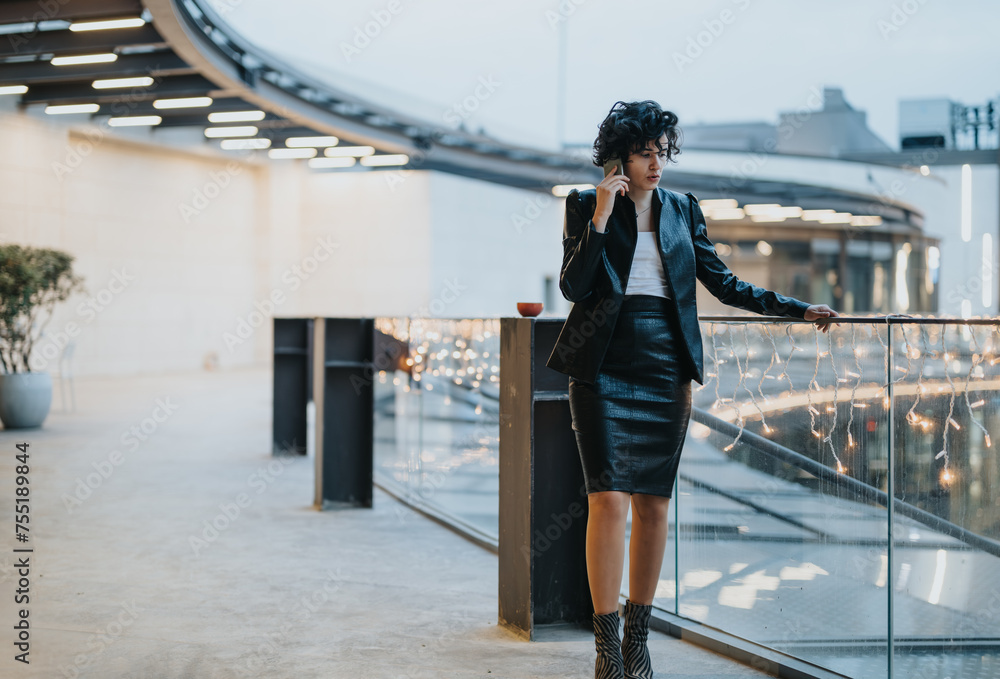 Confident businesswoman in a leather skirt and blazer on a call. City lights and modern architecture create an executive atmosphere. Confident businesswoman in a leather skirt and blazer on a call. City lights and modern architecture create an executive atmosphere.