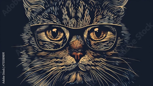 Portrait of Cat with glasses. Vector art illustration. T-shirt design.