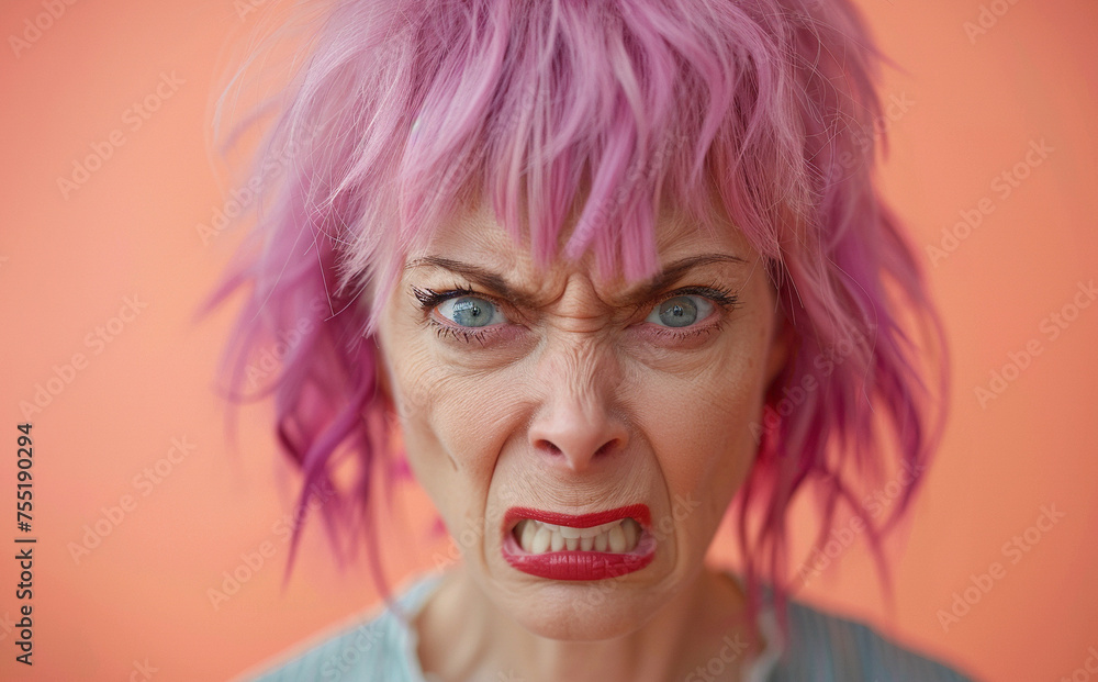 Close-up portrait of an angry woman with pink hair on an isolated peach-colored background. Woman 60 years old Close-up portrait of an angry woman with pink hair on an isolated peach-colored background. Woman 60 years old
