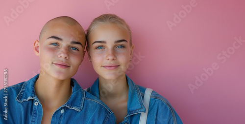 Bald man and woman in denim clothes on isolated pink background. Brother and sister 20 years old