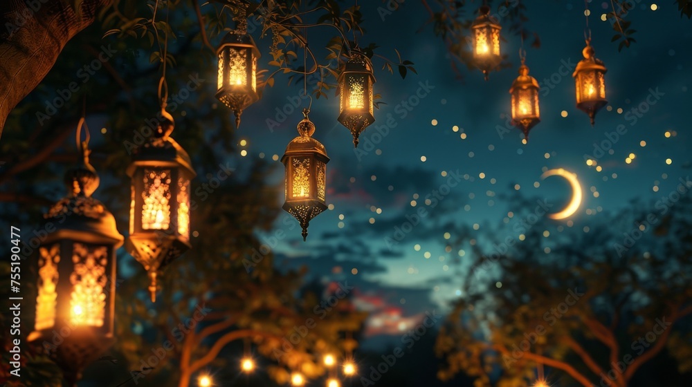 Ramadan night and lanterns, with new crescent and stars in the sky. Ramadan Kareem concept. Islamic lanterns on blue blurred bokeh background. Generative ai Ramadan night and lanterns, with new crescent and stars in the sky. Ramadan Kareem concept. Islamic lanterns on blue blurred bokeh background. Generative ai