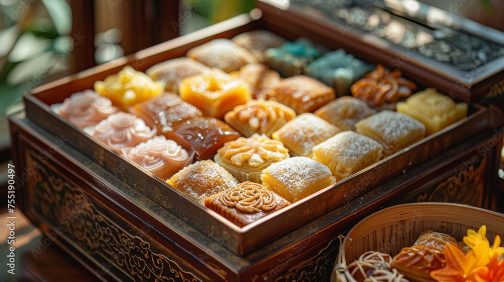 Festive holiday box with Ramadan traditional oriental pastries of the Ramadan period, Arabic Cuisine, Middle Eastern sweets assortment dessert. Genertive ai