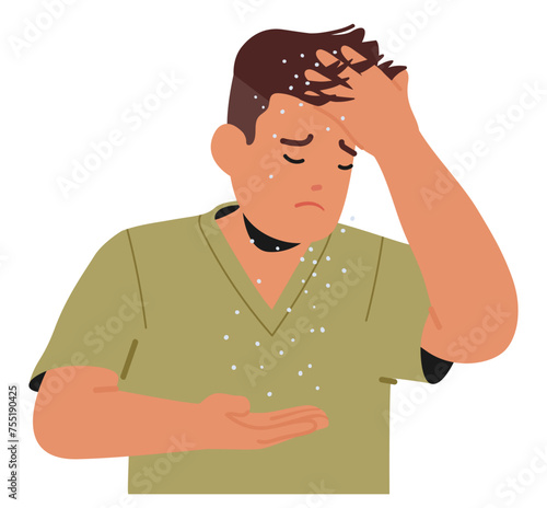 Man With Persistent Dandruff Issues Exhibits Flaky Scalp, Causing Discomfort And Embarrassment, Vector Illustration